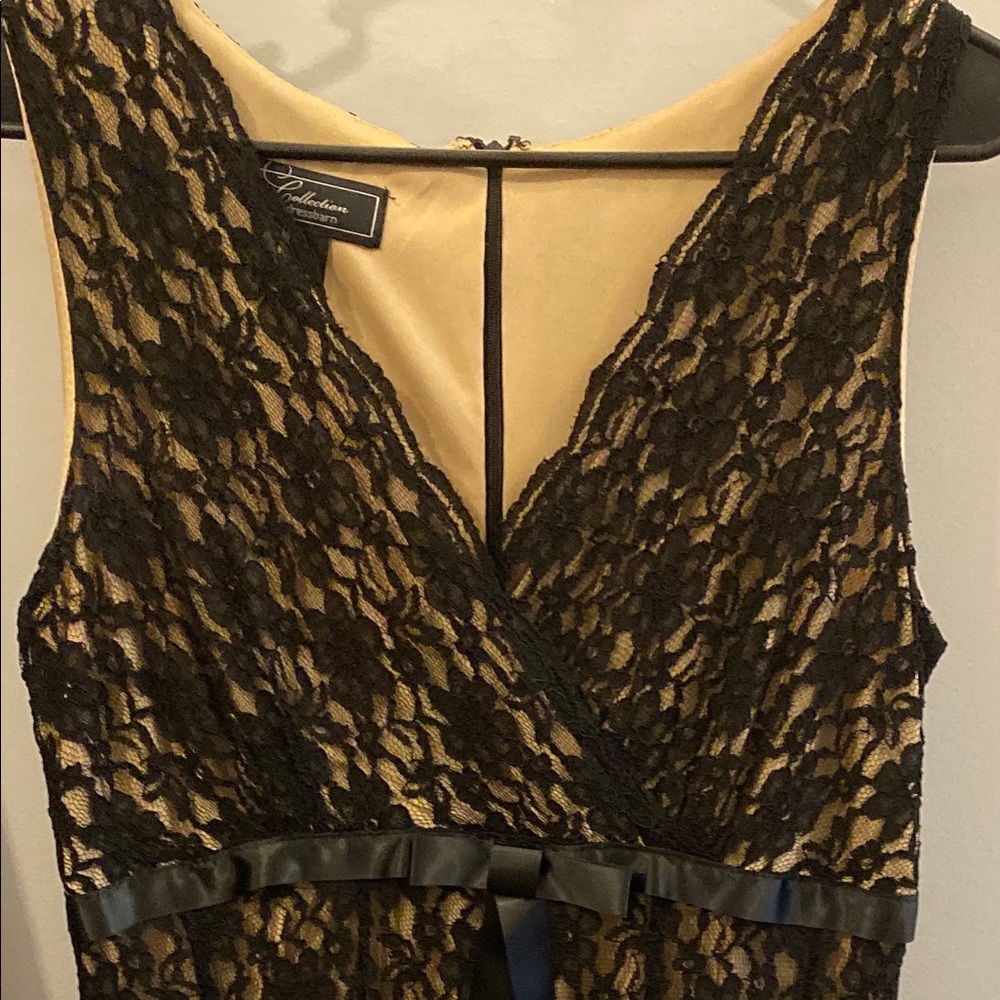 Gold dress with black lace overlay